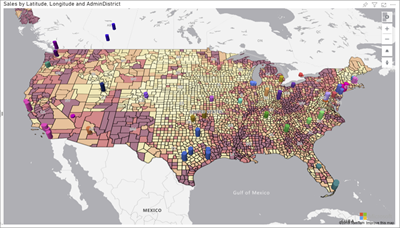 Captura de ecrã do visual do Azure Maps para o Power BI.