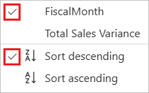 Captura de tela que mostra marcas de seleção ao lado dos itens de classificação selecionados para o gráfico de cascata.