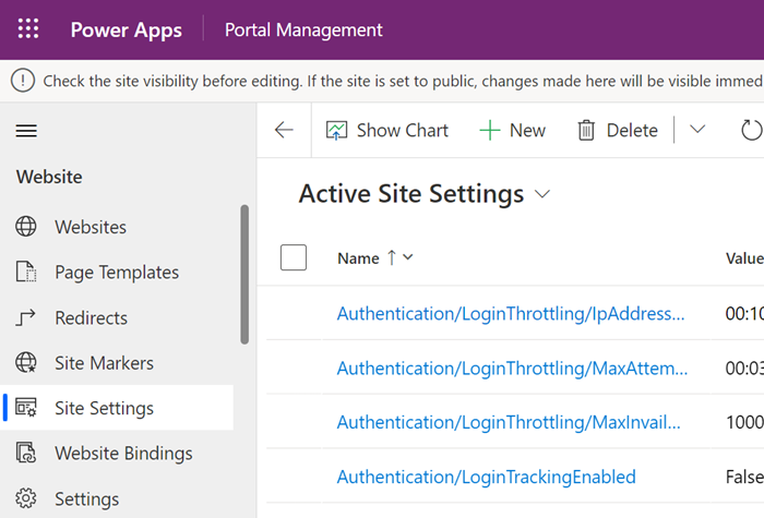 Abra as definições do site na aplicação Gestão do Portal.