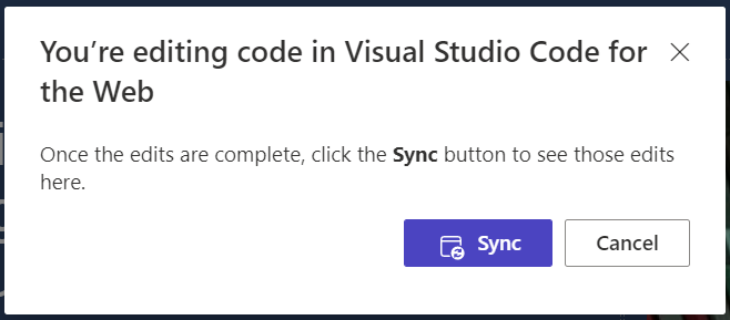 Interface para permitir que o utilizador selecione o botão Sincronizar para sincronizar as alterações efetuadas no Visual Studio Code para o estúdio de design.