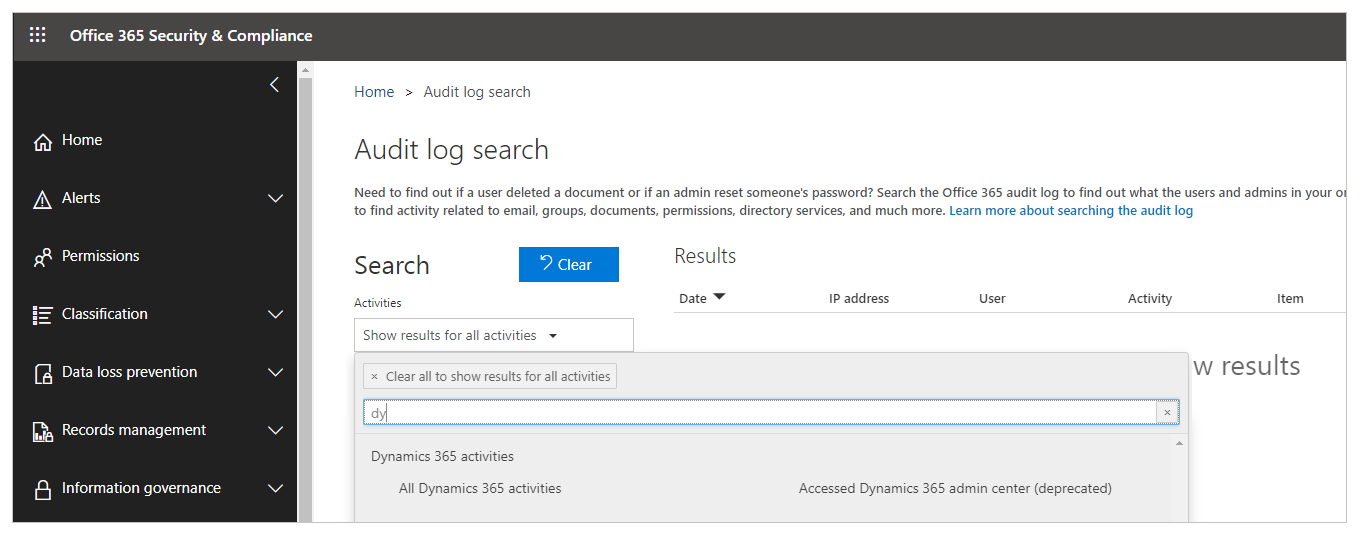 Registo de auditoria do Office 365.