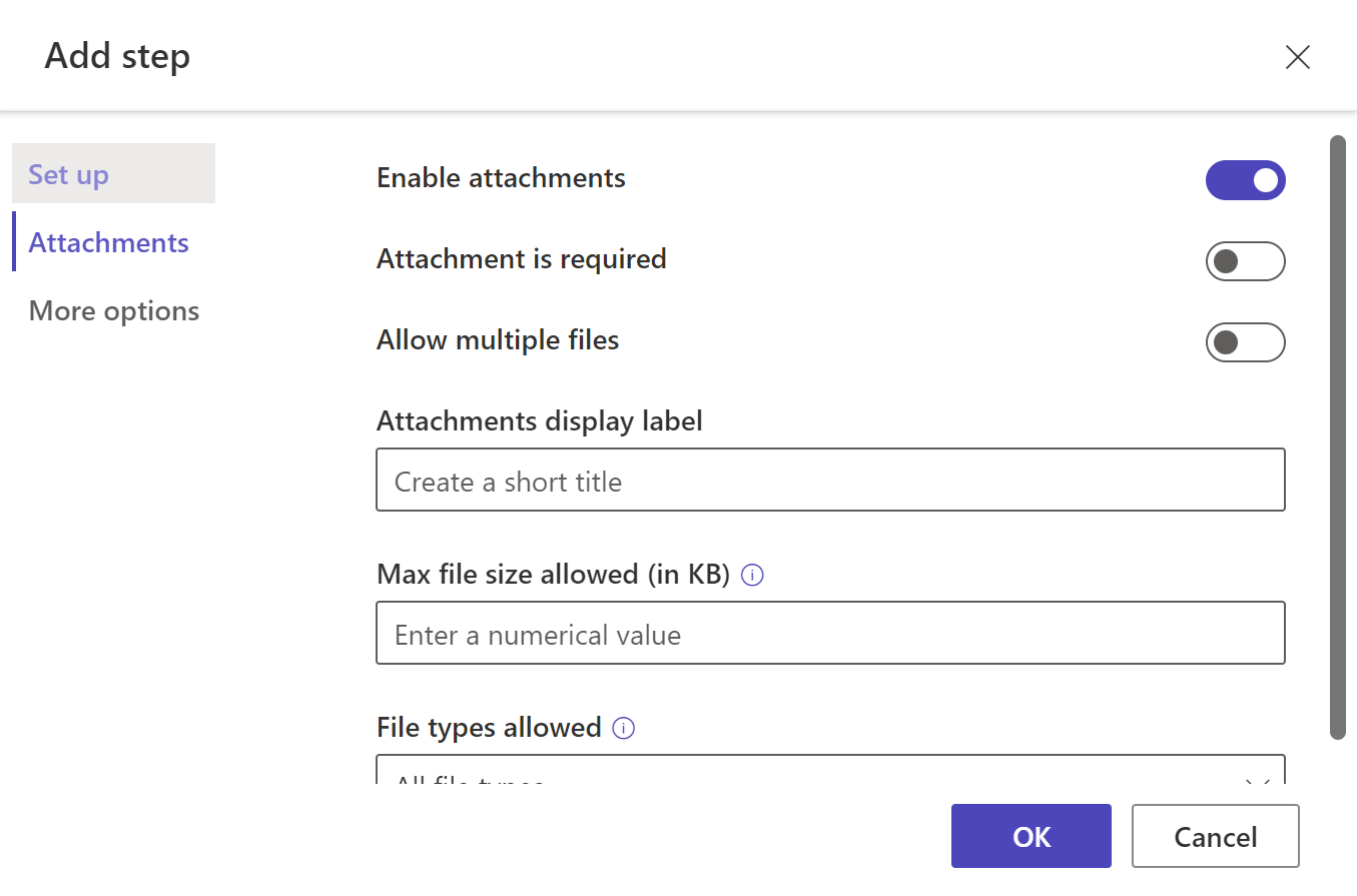 Captura de ecrã das opções de menu Adicionar passo com Ativar anexos selecionado a partir das Opções de anexos.