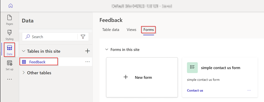 A opção de menu de formulários para a tabela de feedback na área de trabalho Dados.