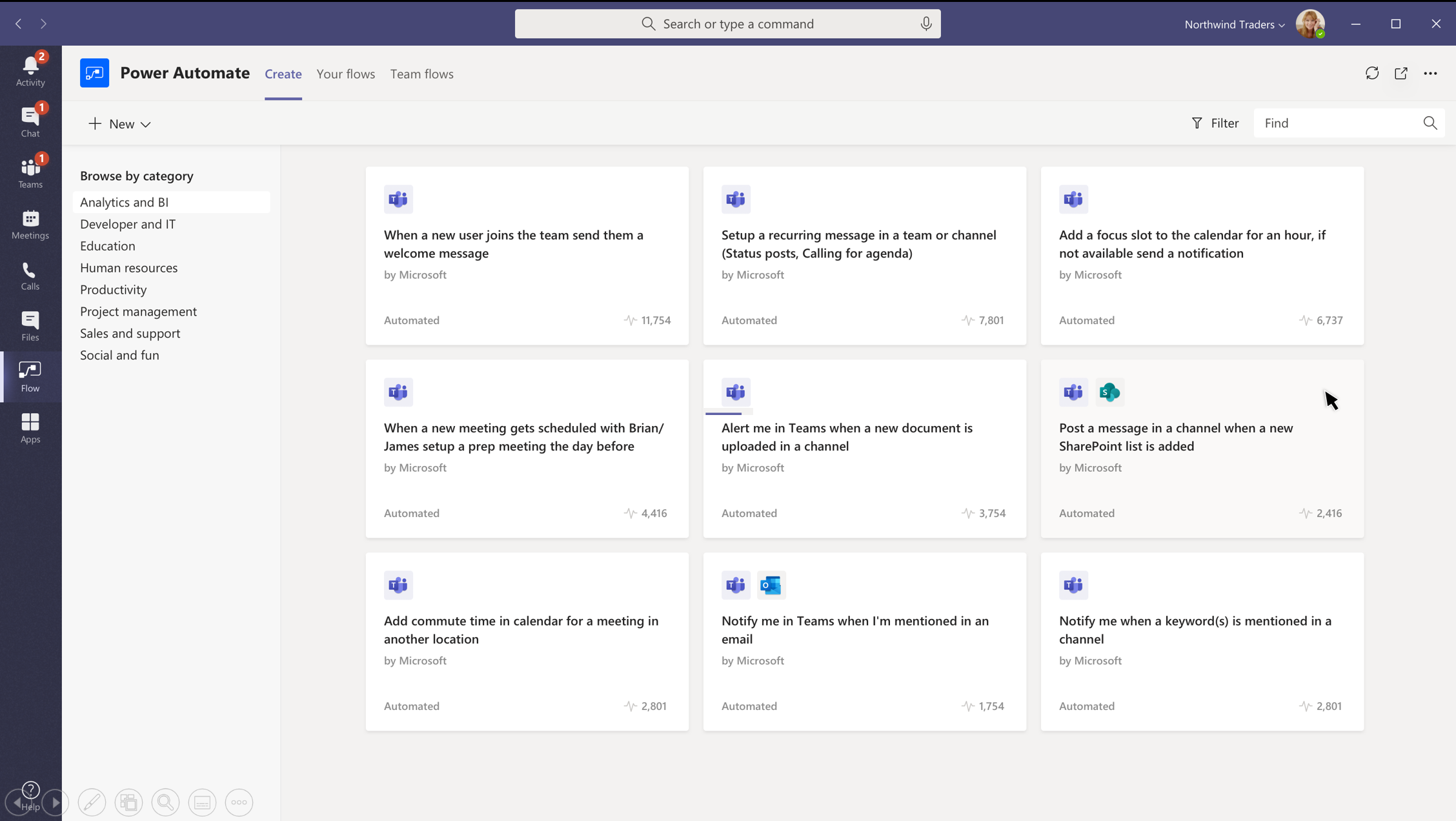 Modelos do Power Automate no Microsoft Teams