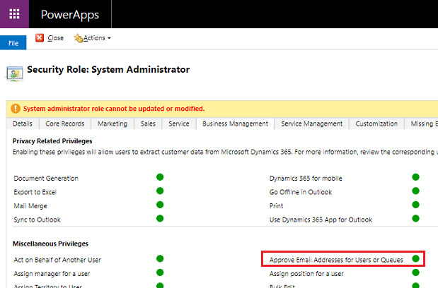 Captura de ecrã a mostrar o privilégio Aprovar Endereços de E-mail para Utilizadores ou Filas.