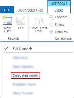 O administrador delegado aparece na lista de utilizadores.
