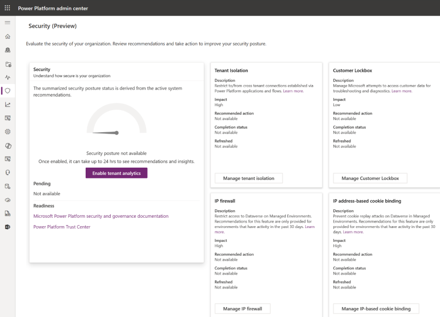 A página Hub de Segurança quando não mostra dados.