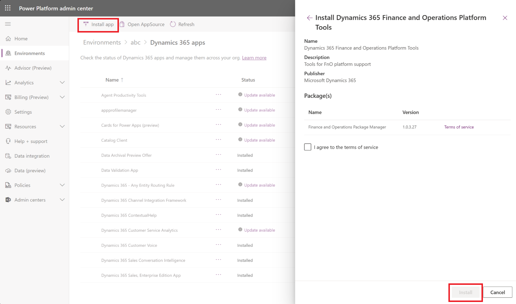 Menu Instalar aplicações do Dynamics 365.