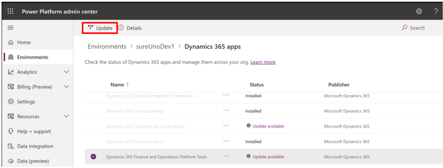 As ferramentas da plataforma do Dynamics 365 Finance and Operations mostram o estado Atualização disponível.