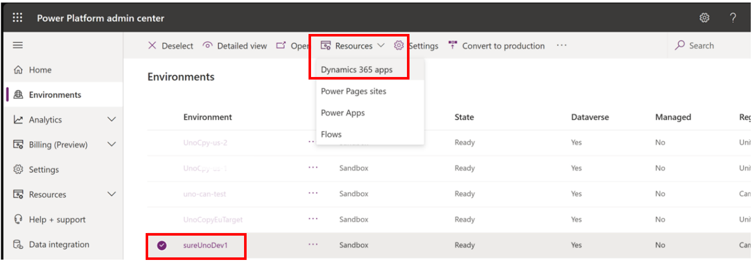 Veja aplicações Dynamics 365 a partir do menu Recursos.