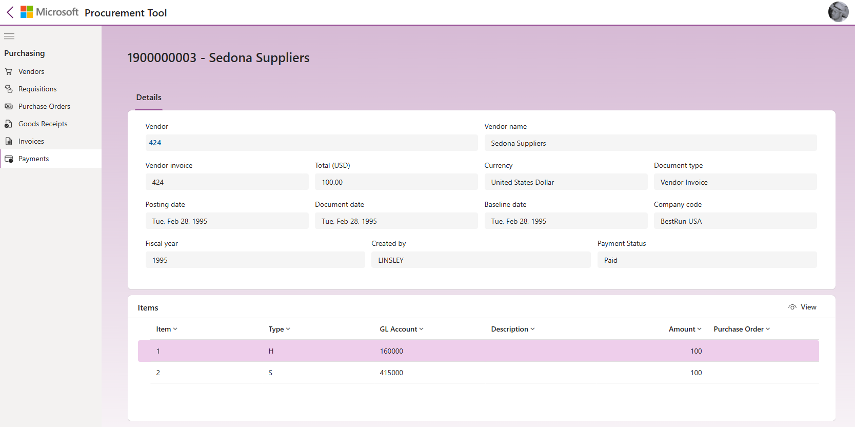 Imagem do aplicativo de Microsoft pagamento SAP Procurement para Power Platform.