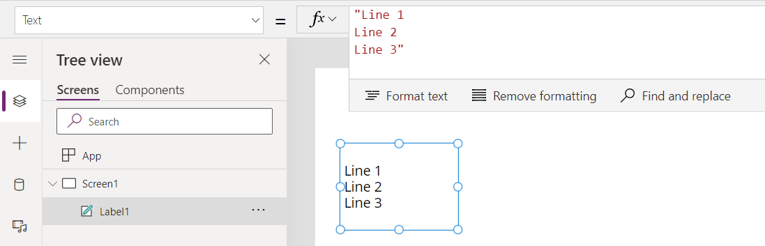 A cadeia de texto incorporada e o controlo label mostram três linhas com a Linha 1, Linha 2 e Linha 3.