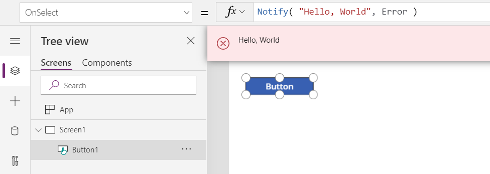 Ambiente de criação a mostrar a propriedade Button.OnSelect a chamar Notify e a apresentar a mensagem resultante 