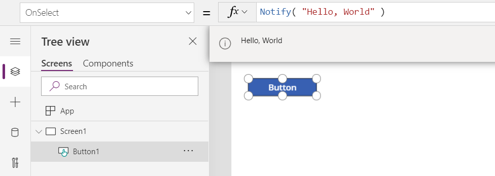 Ambiente de criação a mostrar a propriedade Button.OnSelect a chamar Notify e a apresentar a mensagem resultante 