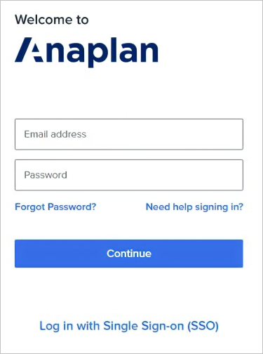 Caixa de diálogo Anaplan, com nome de usuário e senha, juntamente com o login SSO na parte inferior.