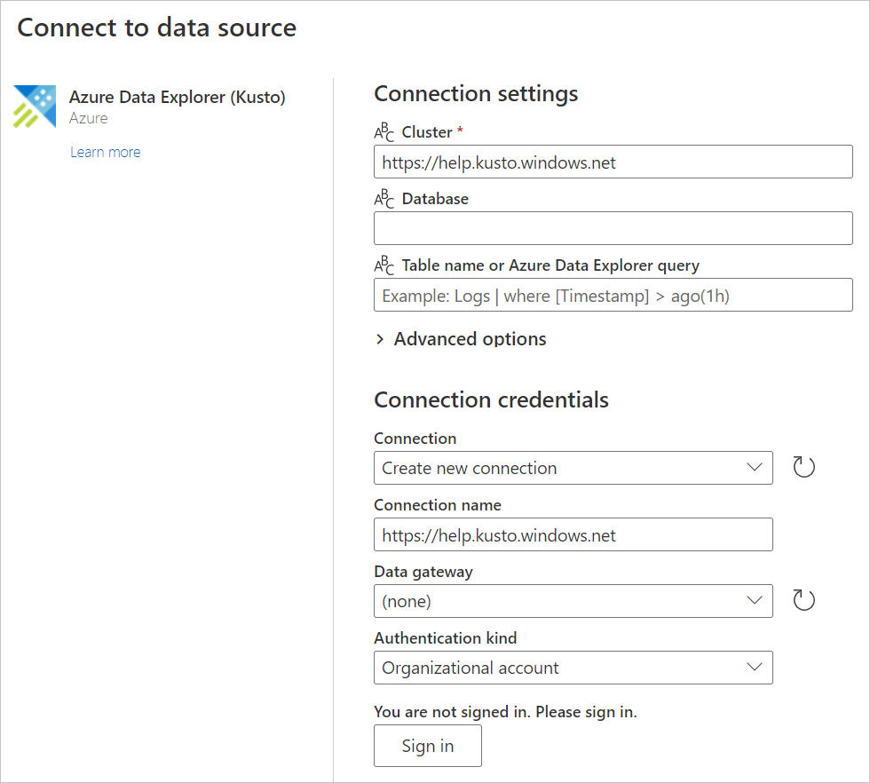 Captura de ecrã da página Escolher origem de dados para o Azure Data Explorer (Kusto), com o URL do cluster introduzido.