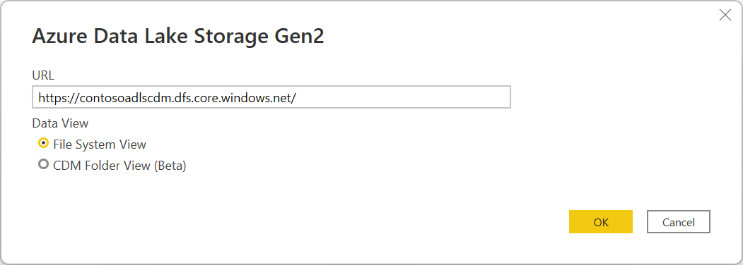 Captura de ecrã da caixa de diálogo Azure Data Lake Storage Gen2, com o URL introduzido.