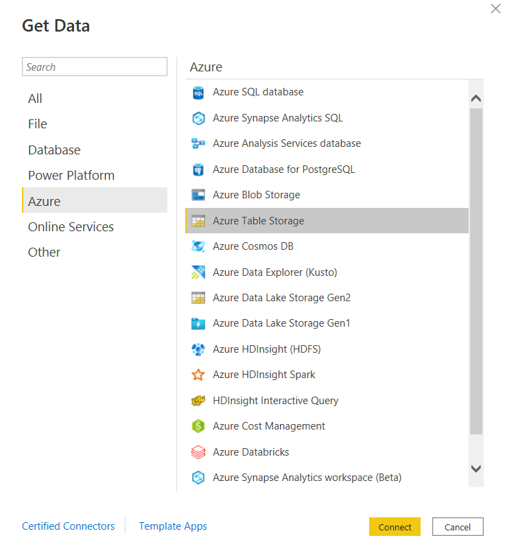 Captura de tela da caixa de diálogo Obter Dados, mostrando a seleção do banco de dados do Armazenamento de Tabela do Azure.