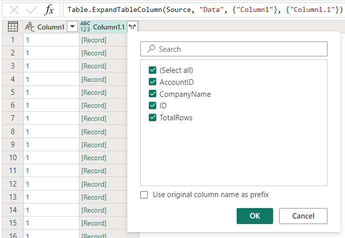 Captura de tela mostrando como expandir a coluna Column1.1.