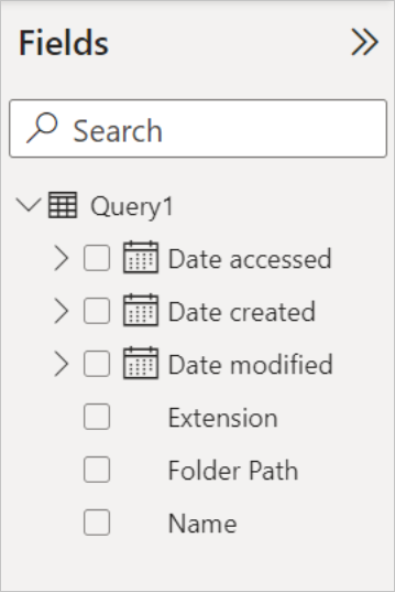 Captura de tela do painel Campos, mostrando Query1, que contém os campos Data de acesso, Data de criação, Data de modificação, Extensão, Caminho da pasta e Nome.