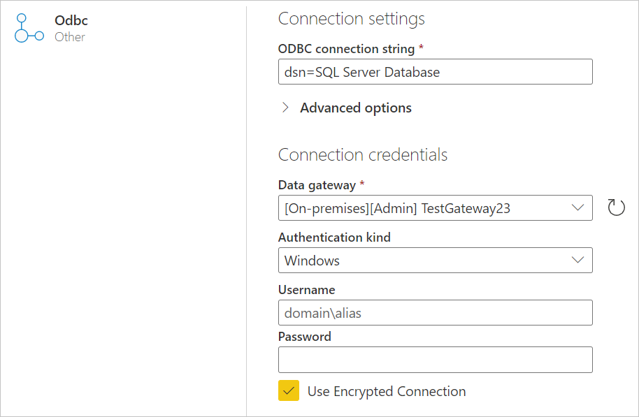 Imagem da página ODBC, com a cadeia de conexão definida para o banco de dados do SQL Server