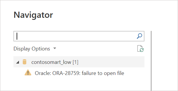 Imagem do Navigator com o nome da base de dados na parte superior, mas aparece um erro em vez dos dados.