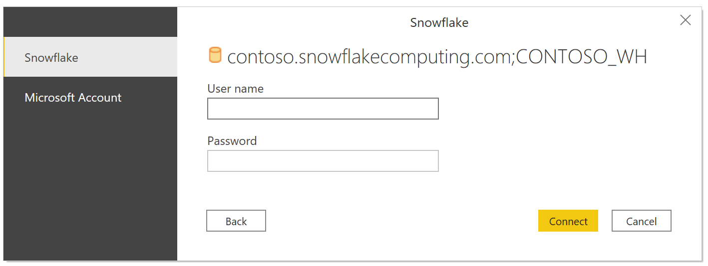 Captura de tela do prompt de credenciais do Snowflake, mostrando os campos Nome de usuário e Senha.