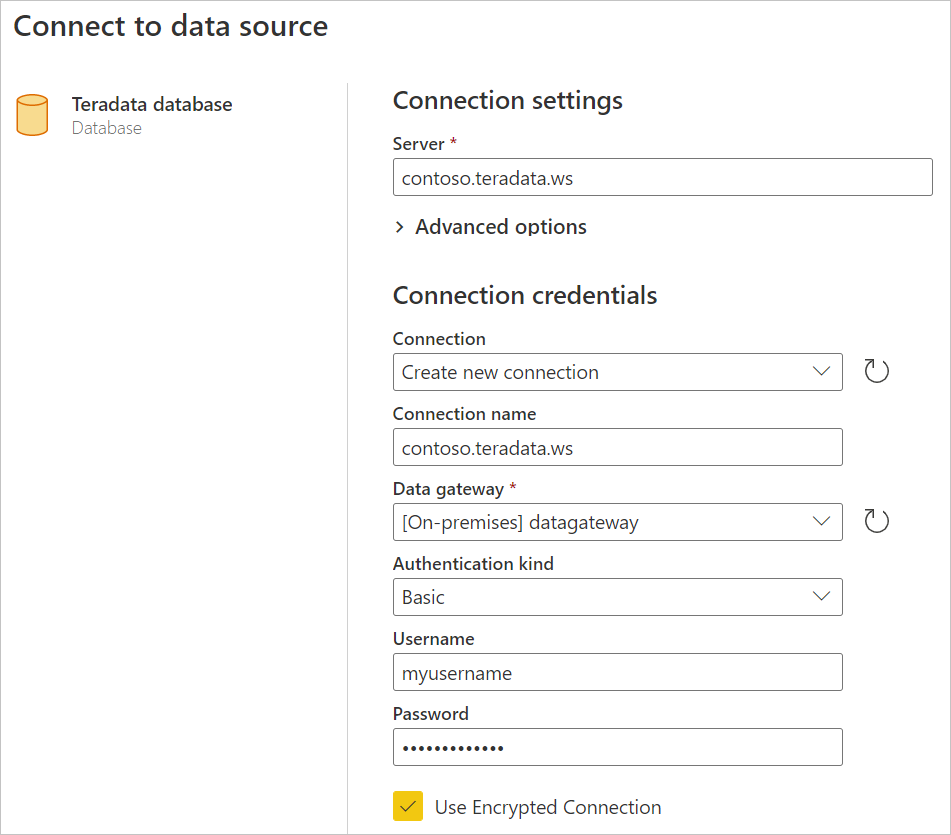 Insira a conexão on-line do banco de dados Teradata.