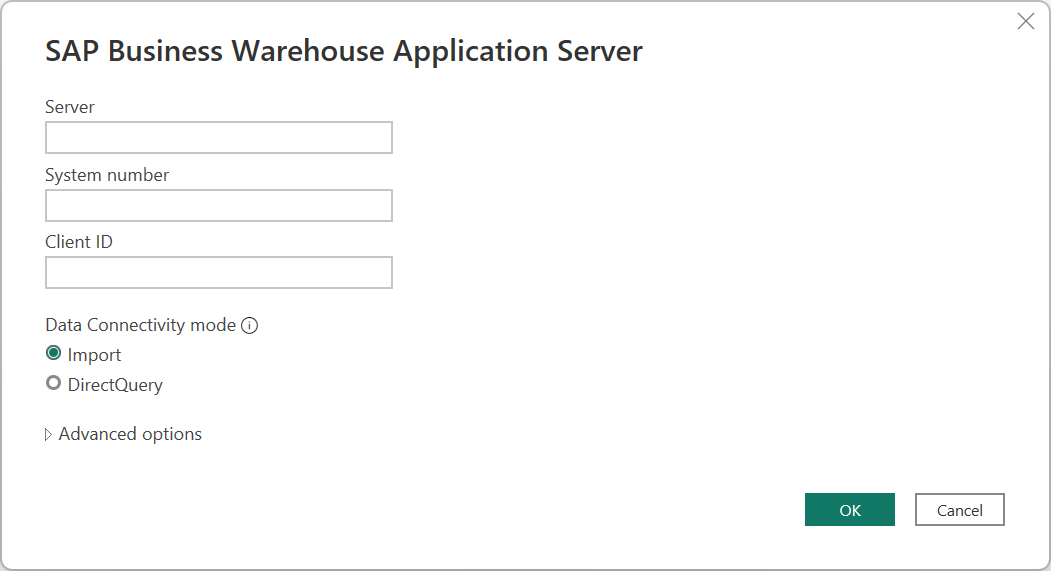 Insira as informações do servidor de aplicativos do SAP Business Warehouse.