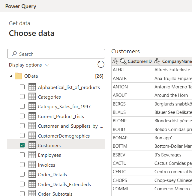 Captura de ecrã da caixa de diálogo do navegador do Power Query, com a tabela Clientes selecionada.