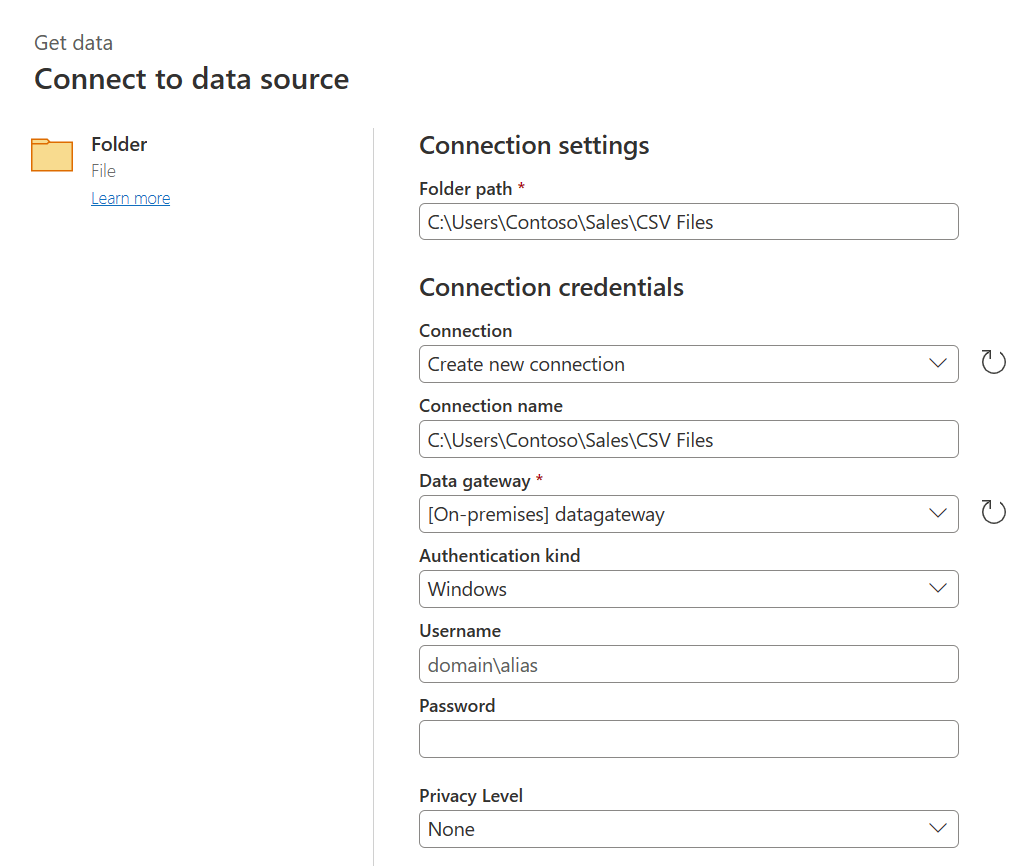 Captura de tela da caixa de diálogo Conectar à fonte de dados com o caminho da pasta Configurações de conexão preenchido.