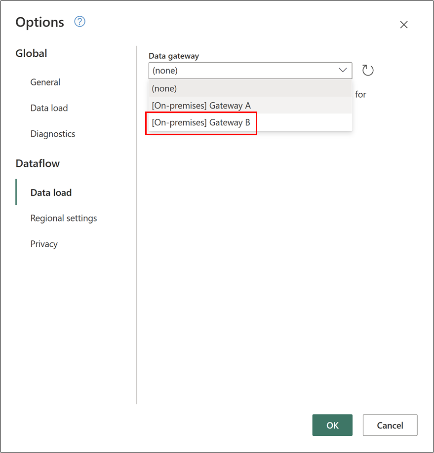 Captura de tela da caixa de diálogo Opções do Project com o menu suspenso listando Nenhum, Gateway A e Gateway B.