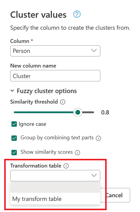 Captura de tela das opções de cluster difuso com o menu suspenso da tabela de transformação definido para a tabela de transformação de exemplo.