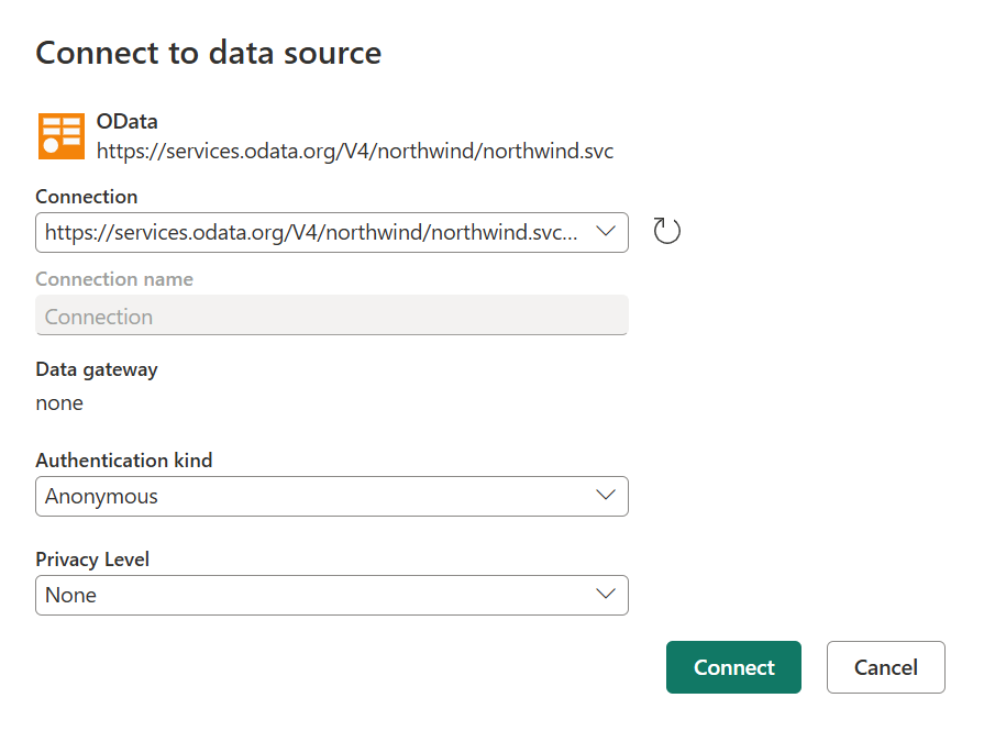 Captura de tela da caixa de diálogo Conectar à fonte de dados onde você adiciona as informações necessárias para fazer a conexão.