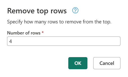 Captura de ecrã da caixa de diálogo Remover linhas superiores, com o número de linhas definido como 4.