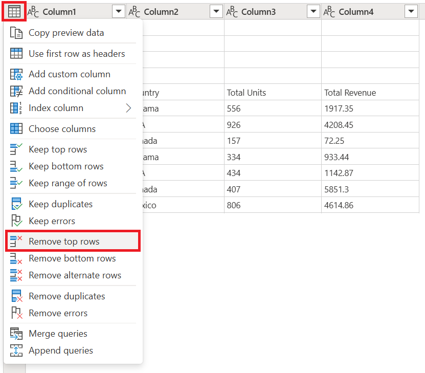 Captura de ecrã do menu da tabela com a opção Remover linhas superiores realçada.