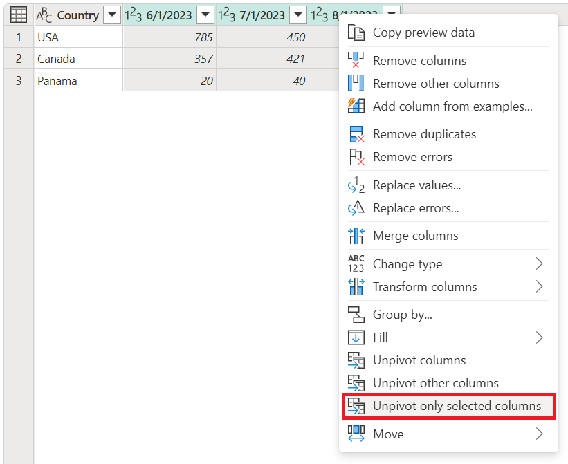 Captura de ecrã da tabela com as colunas de data selecionadas e a opção 