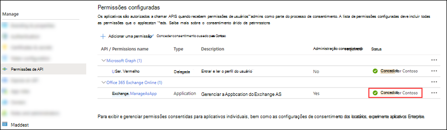 Consentimento do administrador concedido para permissões do Exchange.ManageAsApp.