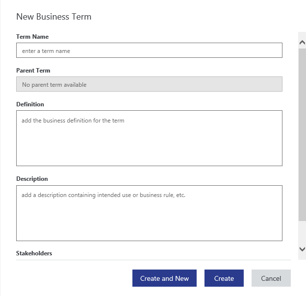 O novo menu de termos comerciais, que inclui informações como nome do termo, termo pai, definição, descrição e partes interessadas. As informações são editáveis.