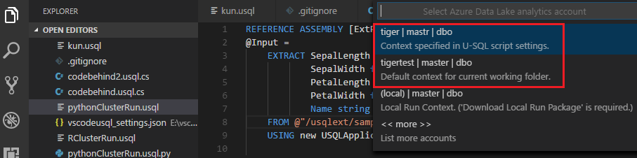 Conta, base de dados e esquema definidos como o contexto predefinido