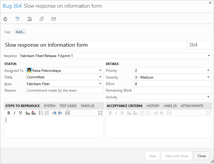 Bug work item type, form for Scrum process, TFS 2013 and TFS 2015 versions.