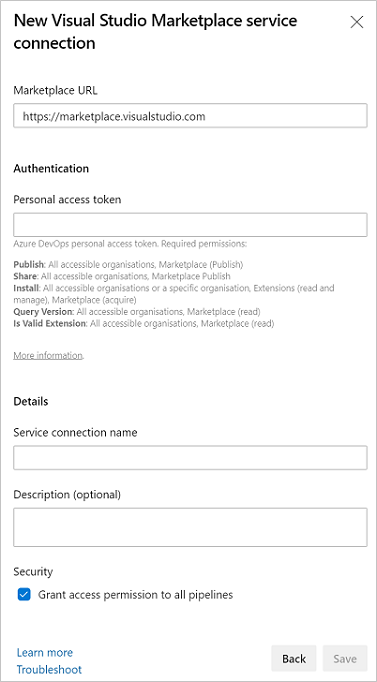 Screenshot that shows the Visual Studio Marketplace new service connection pane.