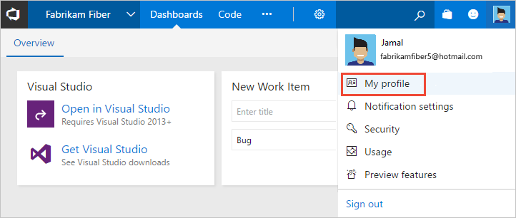 Screenshot to Open Profile menu for TFS 2018.
