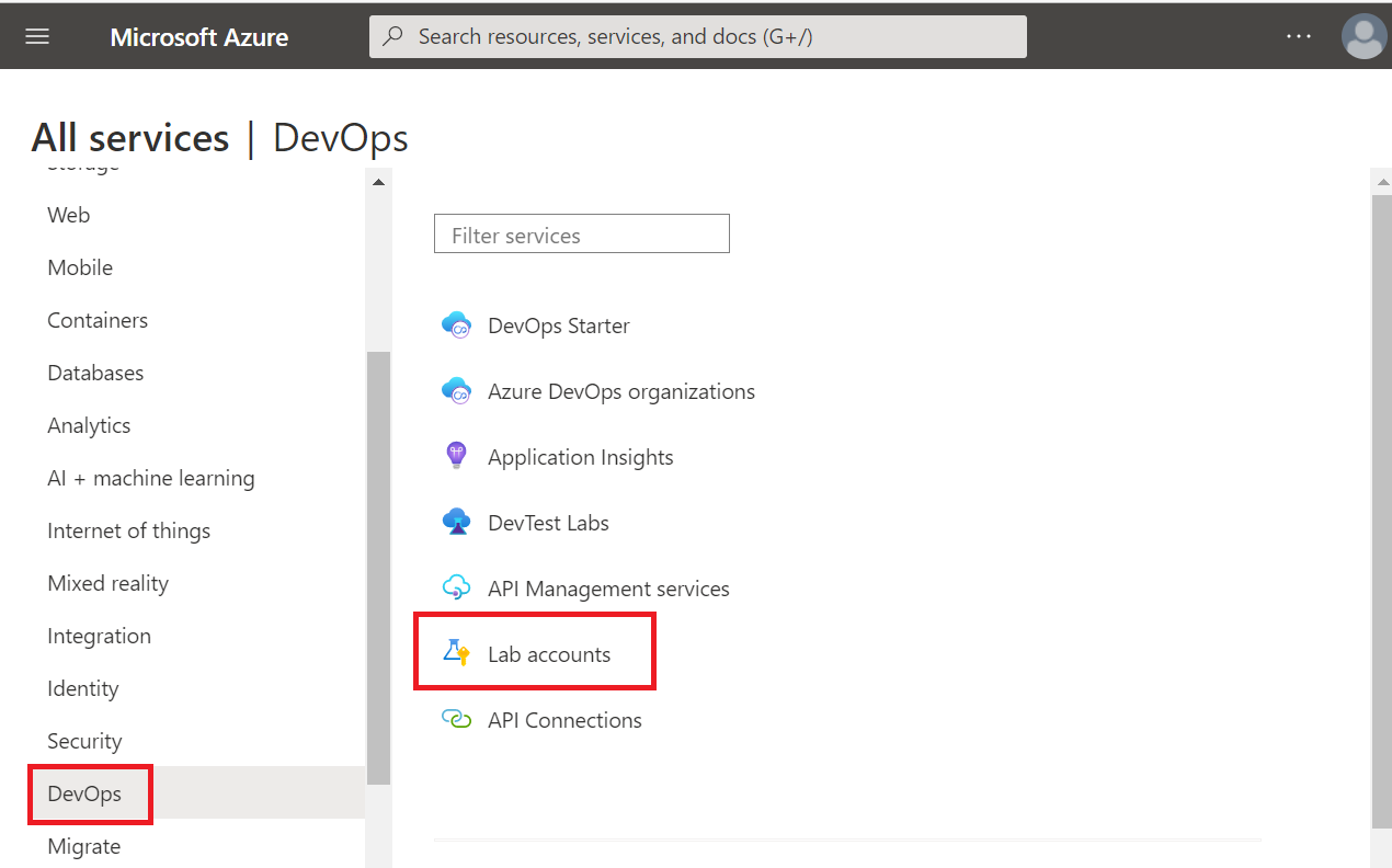 Captura de ecrã da página Todos os serviços no portal do Azure. A categoria Dev Ops e os itens do DevTest Labs são destacados.