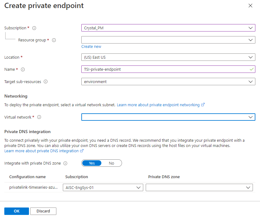 Captura de ecrã do portal do Azure a mostrar a página Criar ponto de extremidade privado. Contém os campos descritos abaixo.