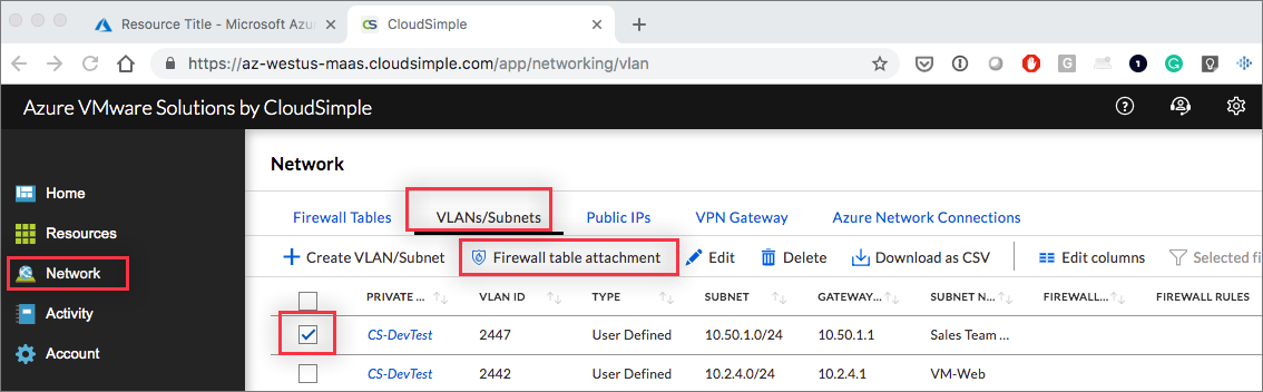 Ligação da tabela de firewall