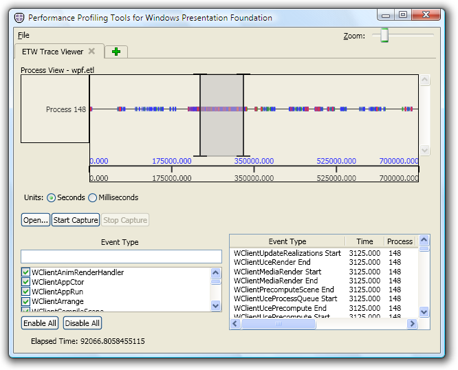 Janela principal do Trace Viewer com log de eventos