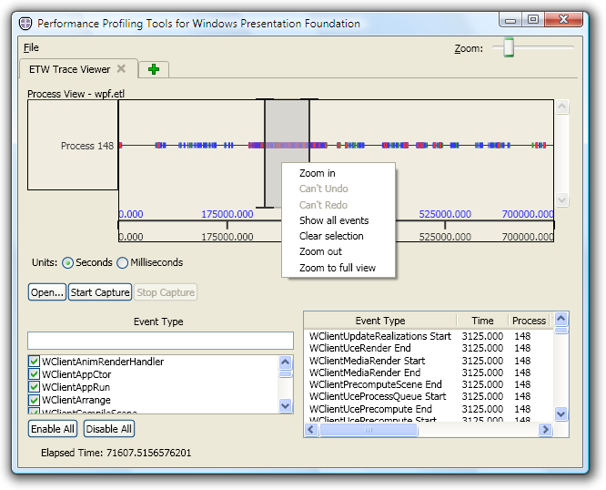 Janela principal do Trace Viewer com log de eventos