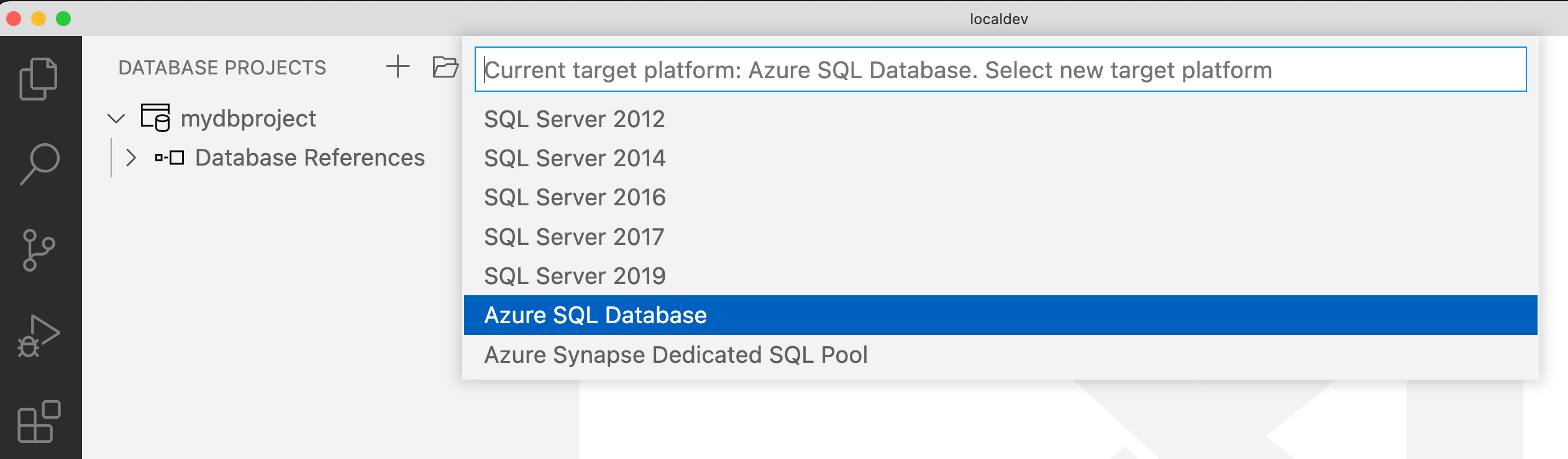 Captura de tela da seleção do Banco de Dados SQL do Azure como destino para um projeto de banco de dados.