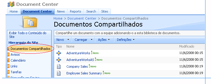 Biblioteca do Sharepoint com itens do servidor de relatório